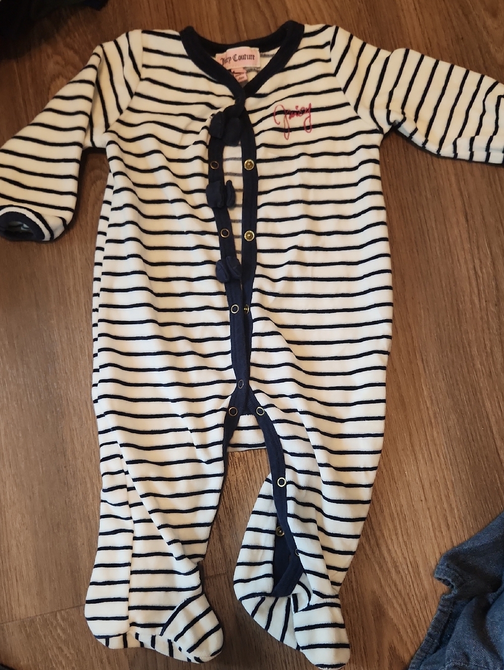 Striped Navy & White Footed velour sleeper by Juicy Coture